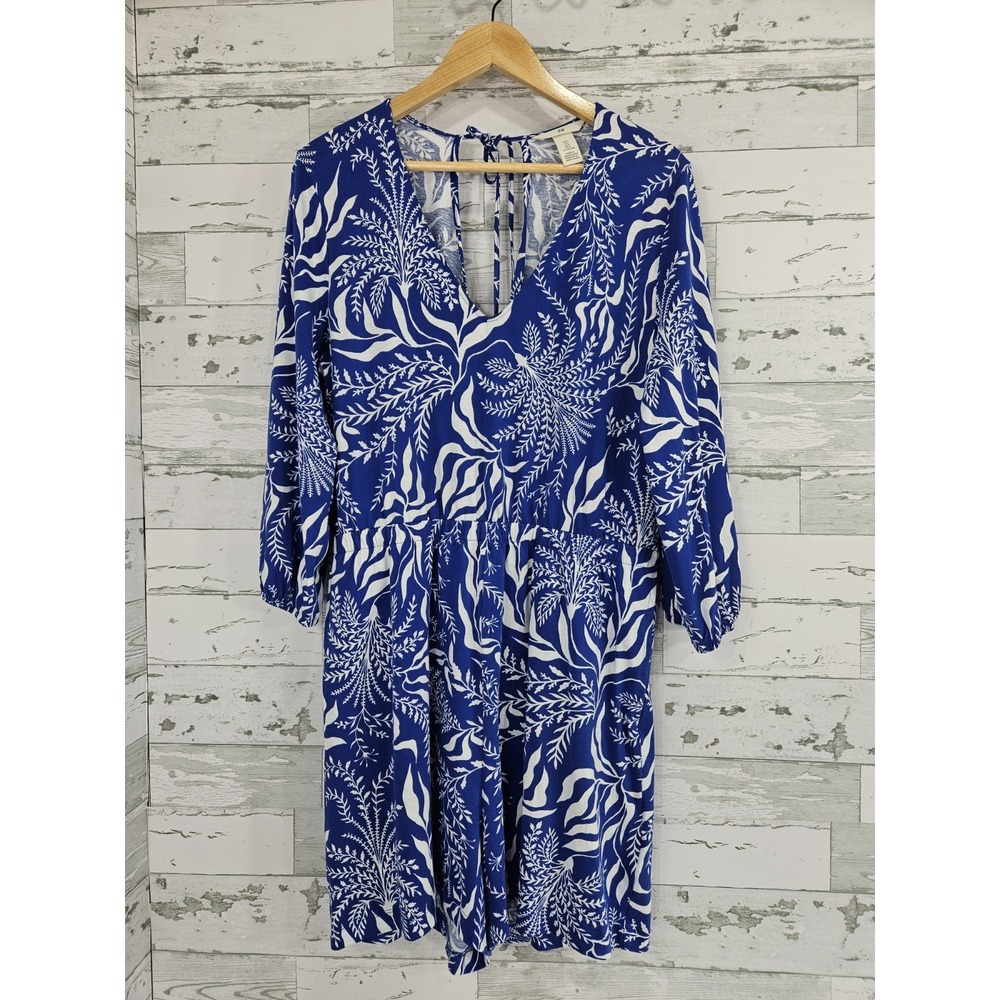 HM Women Blue White Tropical‎ Leaf Print V-Neck Long Sleeve Romper Size L